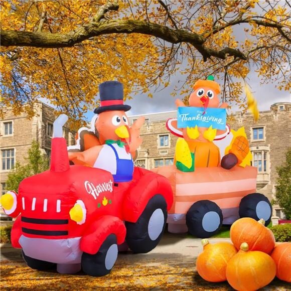 8FT Thanksgiving Inflatables Fall Outdoor Decorations Lighted Blow Up Tractor